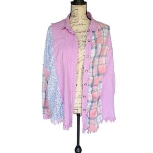 Blue Velvet Patchwork Boho Shacket Raw Hem M